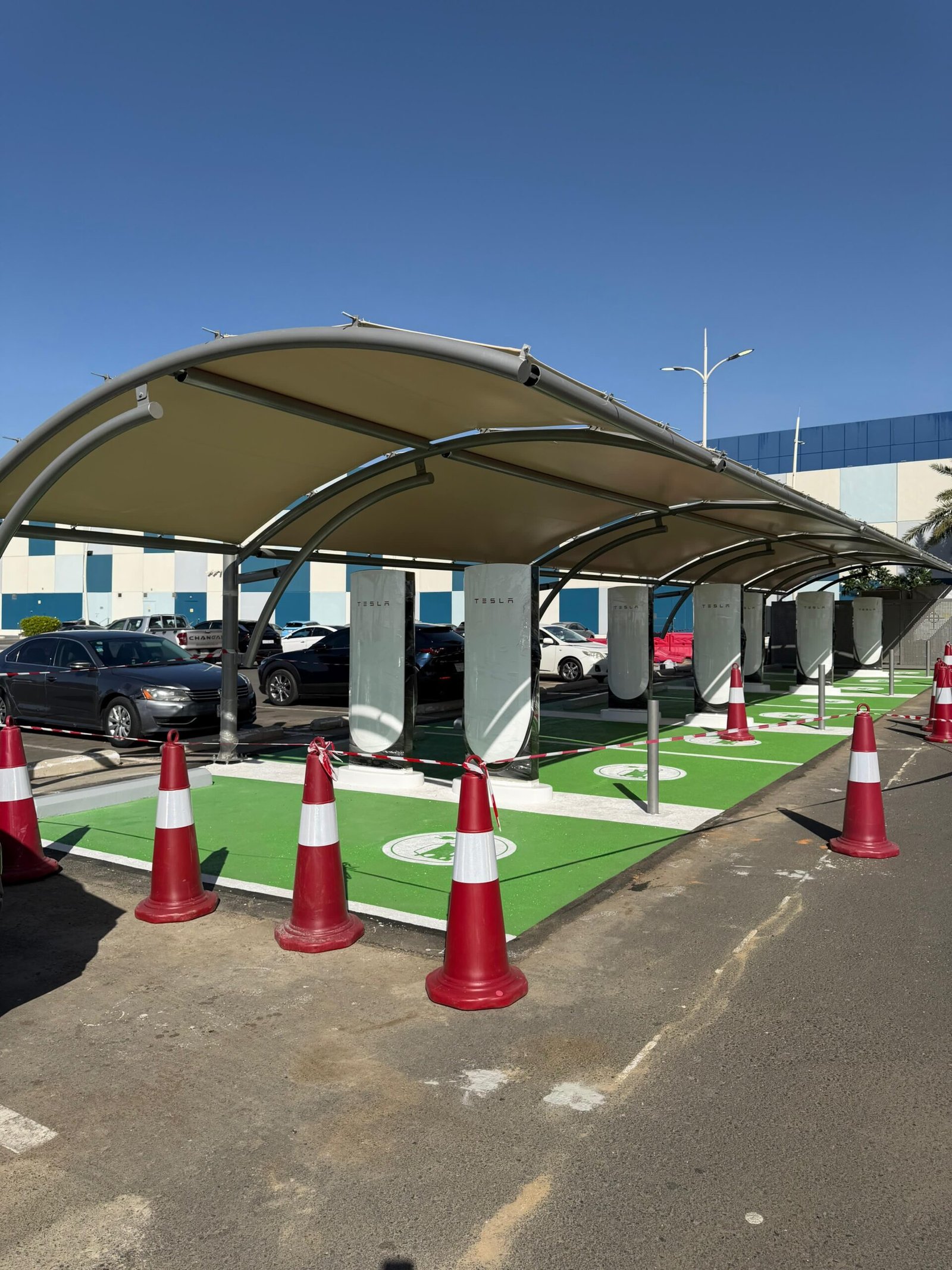 Car Parking Shade Installation for Envevo Co Tesla Project in Jedd ( Car Parking Shade Installation for Envevo Co Tesla Project in Jeddah