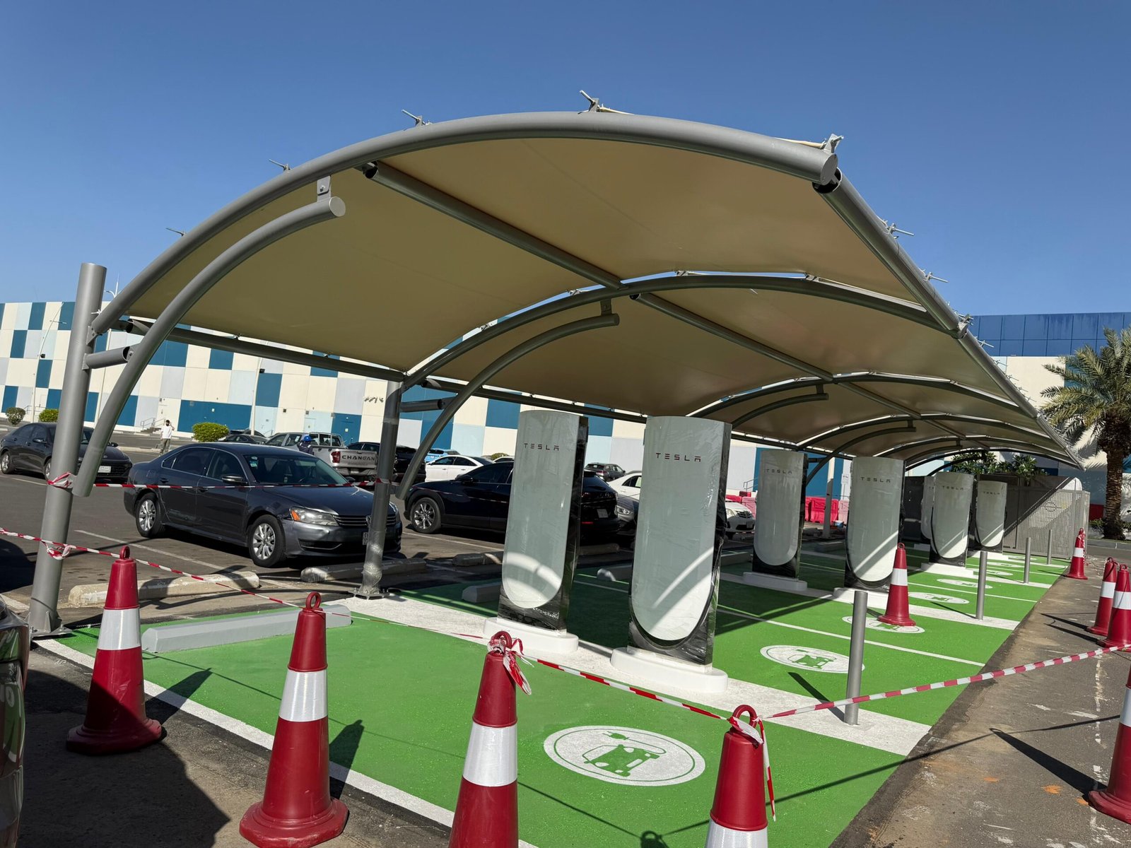 Car Parking Shade Installation for Envevo Co Tesla Project in Jedd (1) Car Parking Shade Installation for Envevo Co Tesla Project in Jeddah
